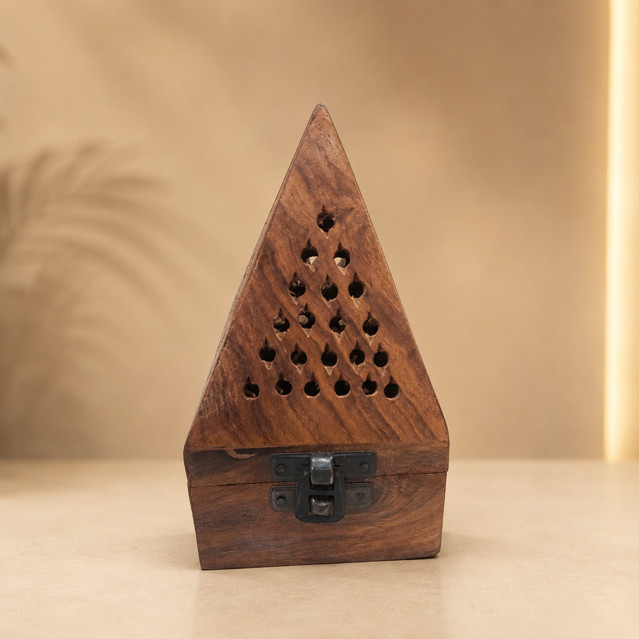 Handcrafted wooden pyramid incense burner