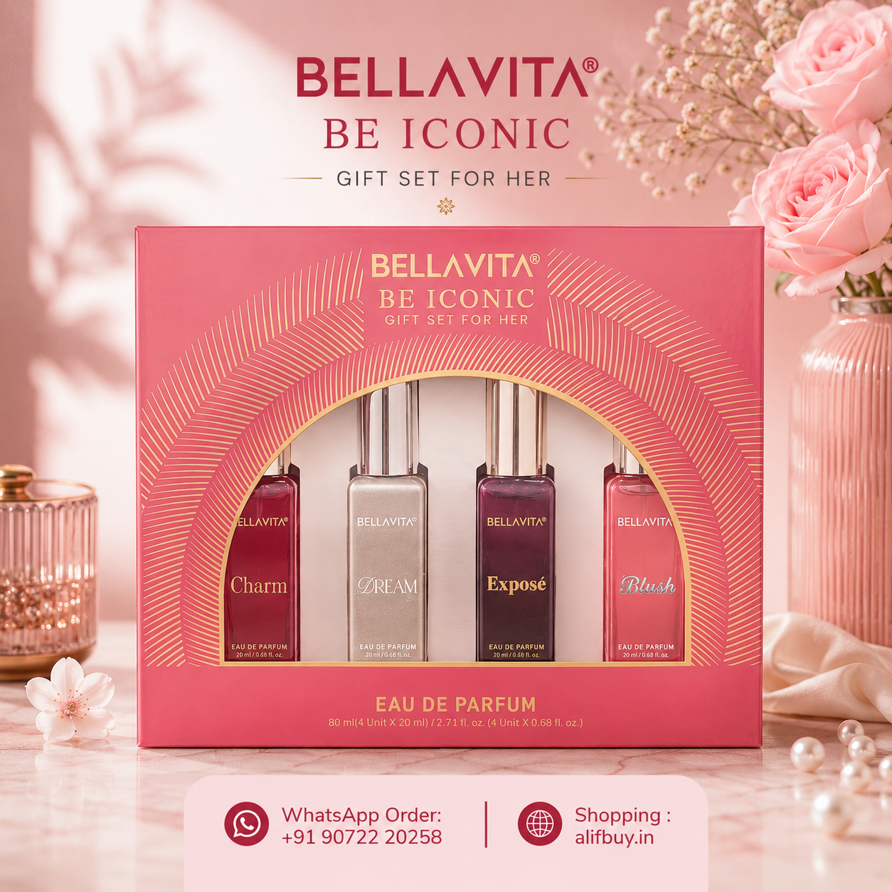 Bellavita be iconic gift set for her | EAU DE PARFUM  |Charm, Dream, Expose and Blush (4 × 20ml)