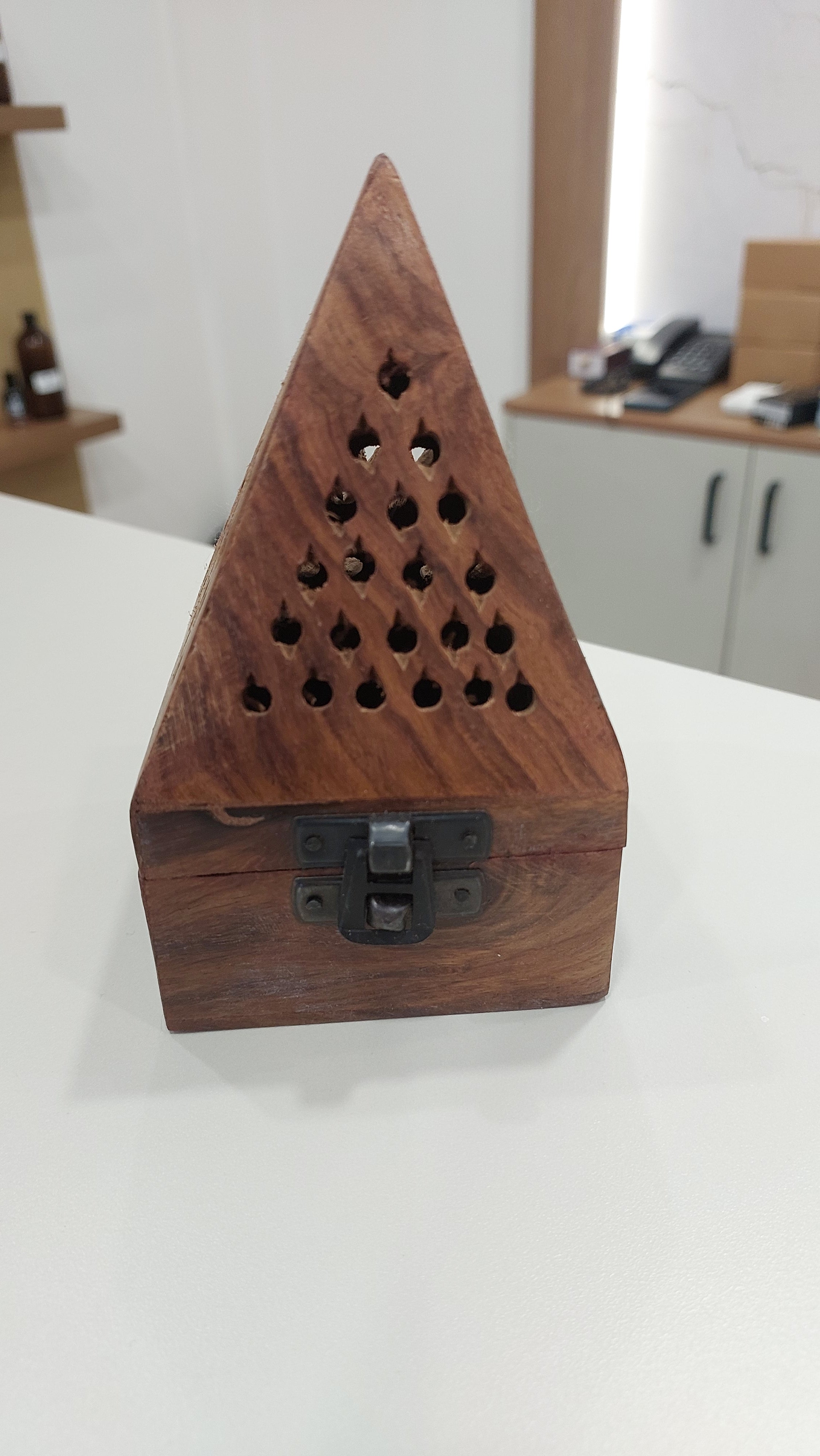 Handcrafted wooden pyramid incense burner