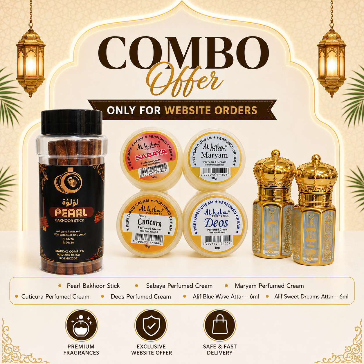 ALIF BUY Premium Fragrance Combo Offer – Attar, Pearl Bakhoor Stick & Perfumed Cream Collection - Exclusively for website orders only.