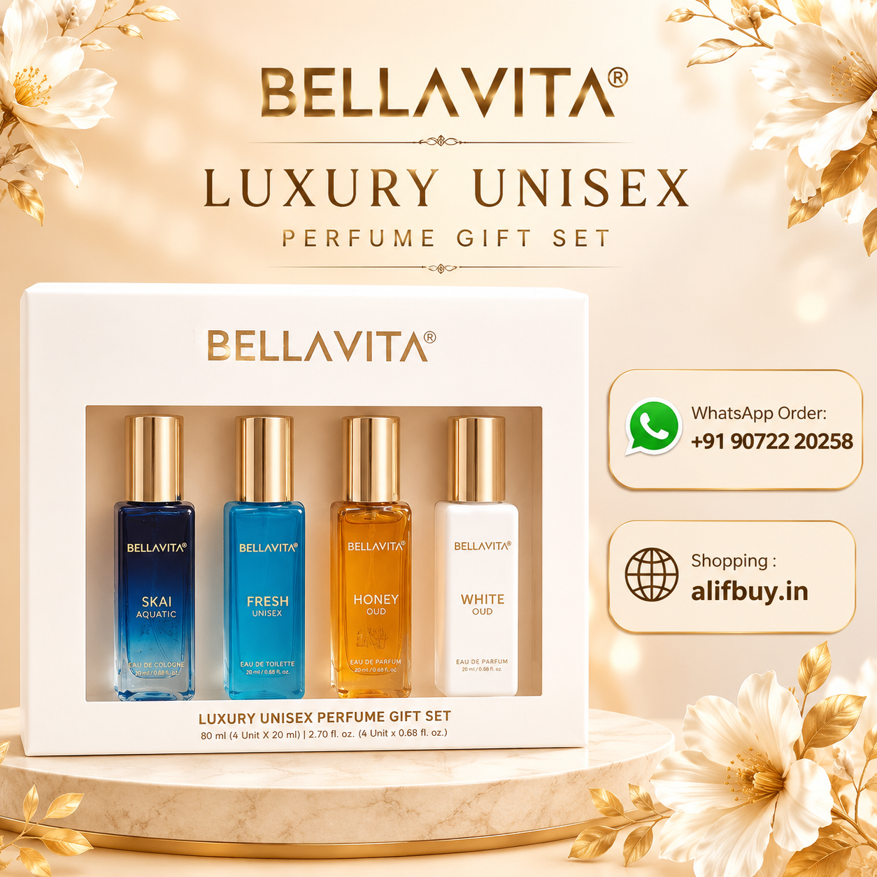 Bella Vita Perfume Gift Set for Unisex | SKAI Auuatic, Fresh, Honey Oud, White Oud (4 × 20ml)